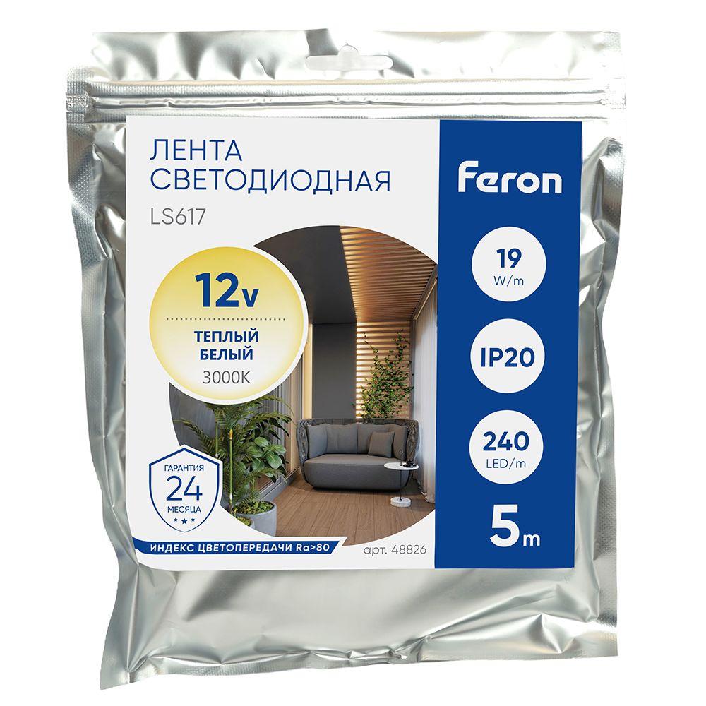 фото светодиодная лента feron 19w/m 240led/m 2835smd теплый белый 5м 48826 | 220svet.ru