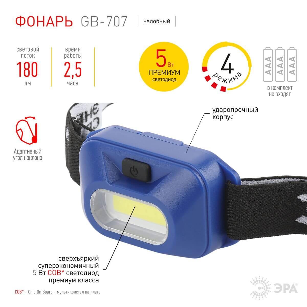 фото налобный светодиодный фонарь эра от батареек 25х70х43 180 лм gb-707 б0052749 | 220svet.ru