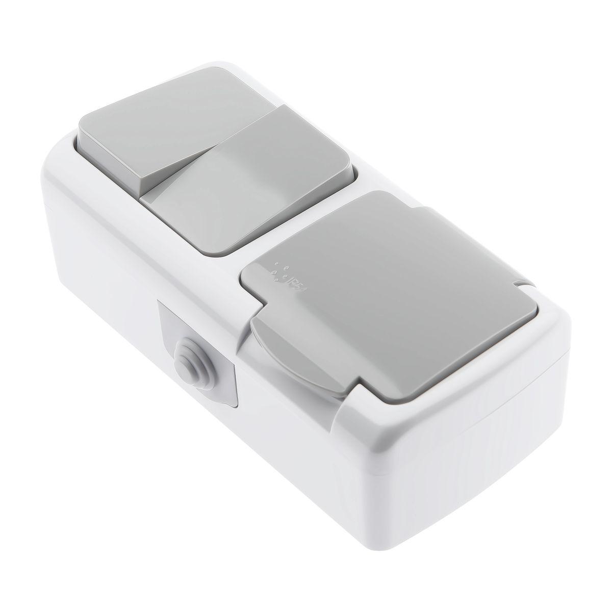 фото блок розетка-выключатель двухклавишный эра intro atlantic ip54 16/10a 250v с крышкой 5-702-03 б0050948 | 220svet.ru