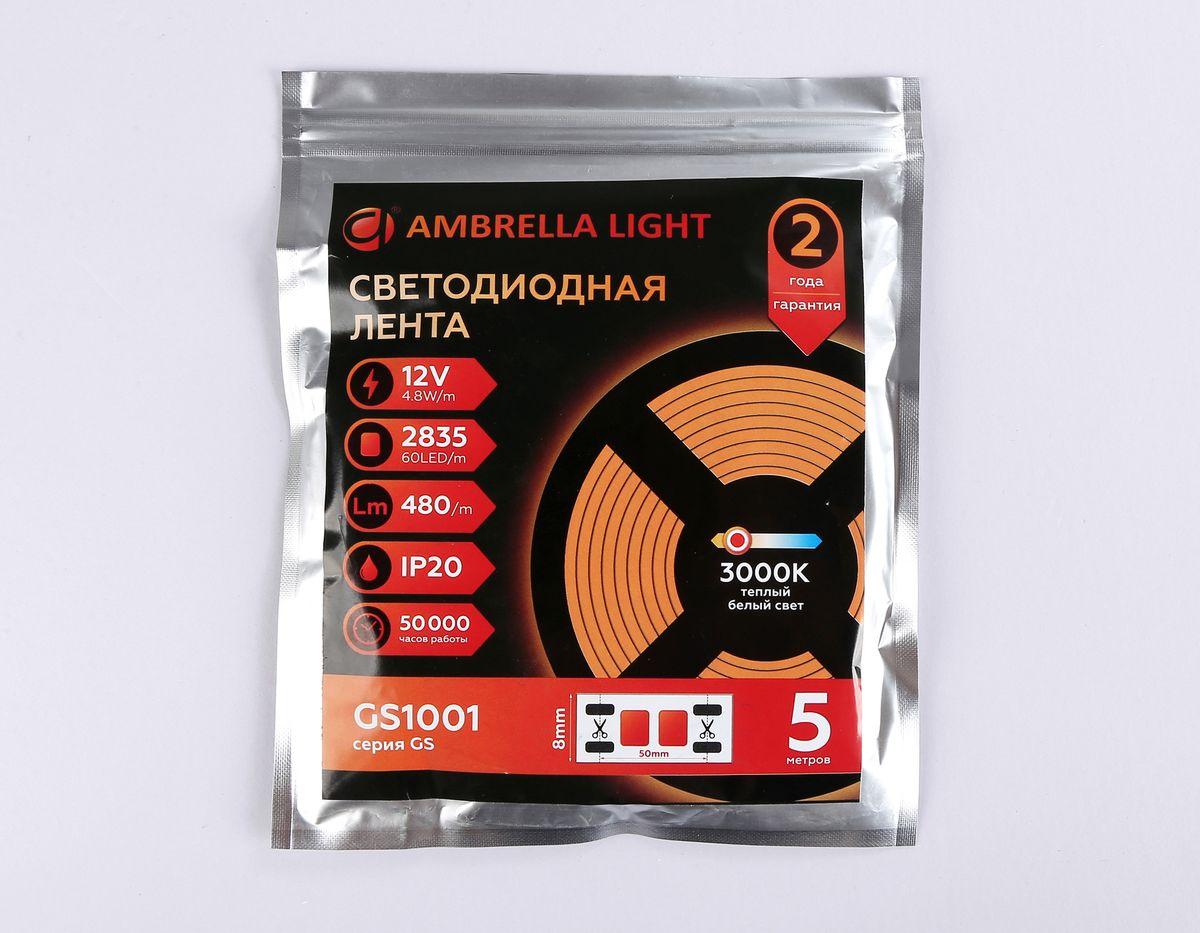 фото светодиодная лента теплый белый ambrella light 4,8w/m 60led/m 2835smd 3000к 5m gs1001 | 220svet.ru