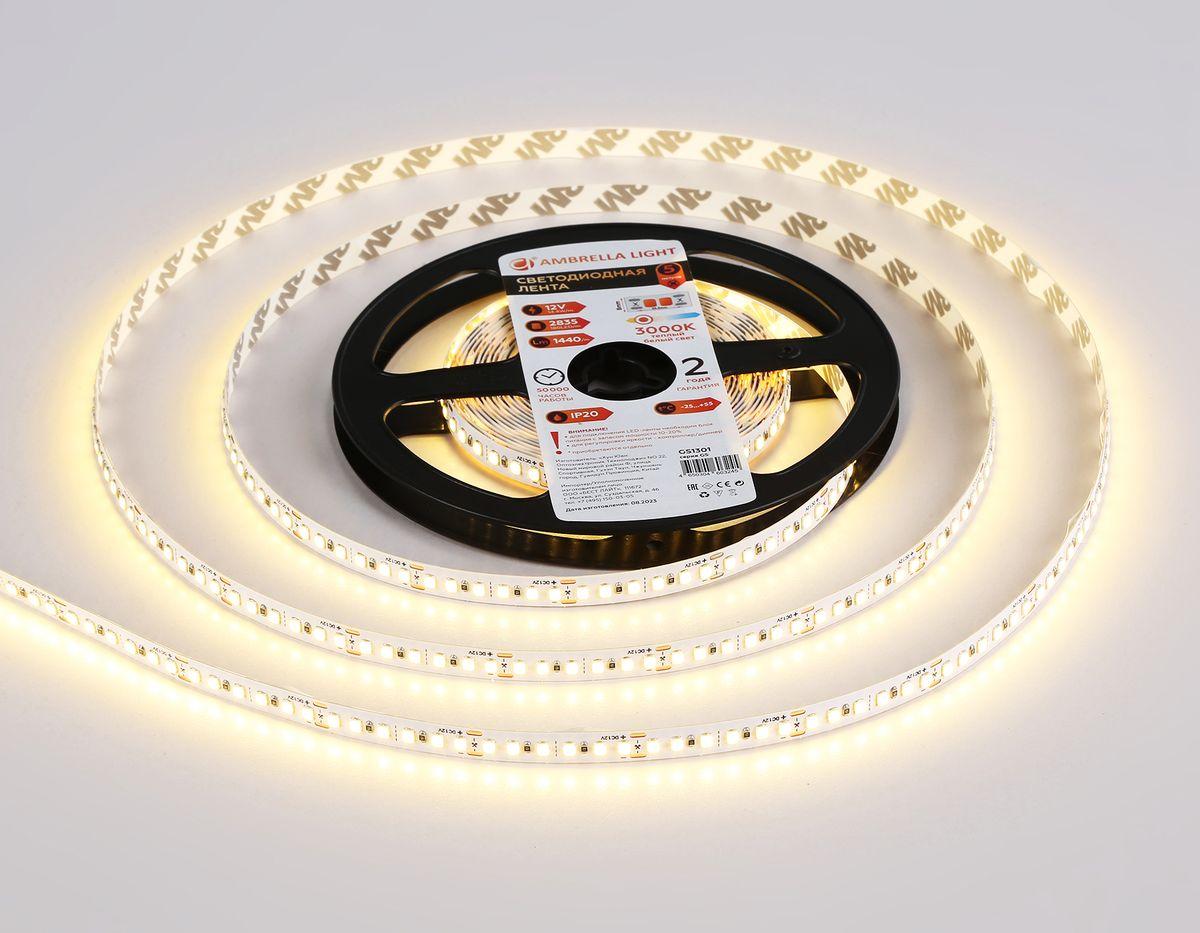 фото светодиодная лента теплый белый ambrella light 14,4w/m 180led/m 2835smd 3000к 5m gs1301 | 220svet.ru
