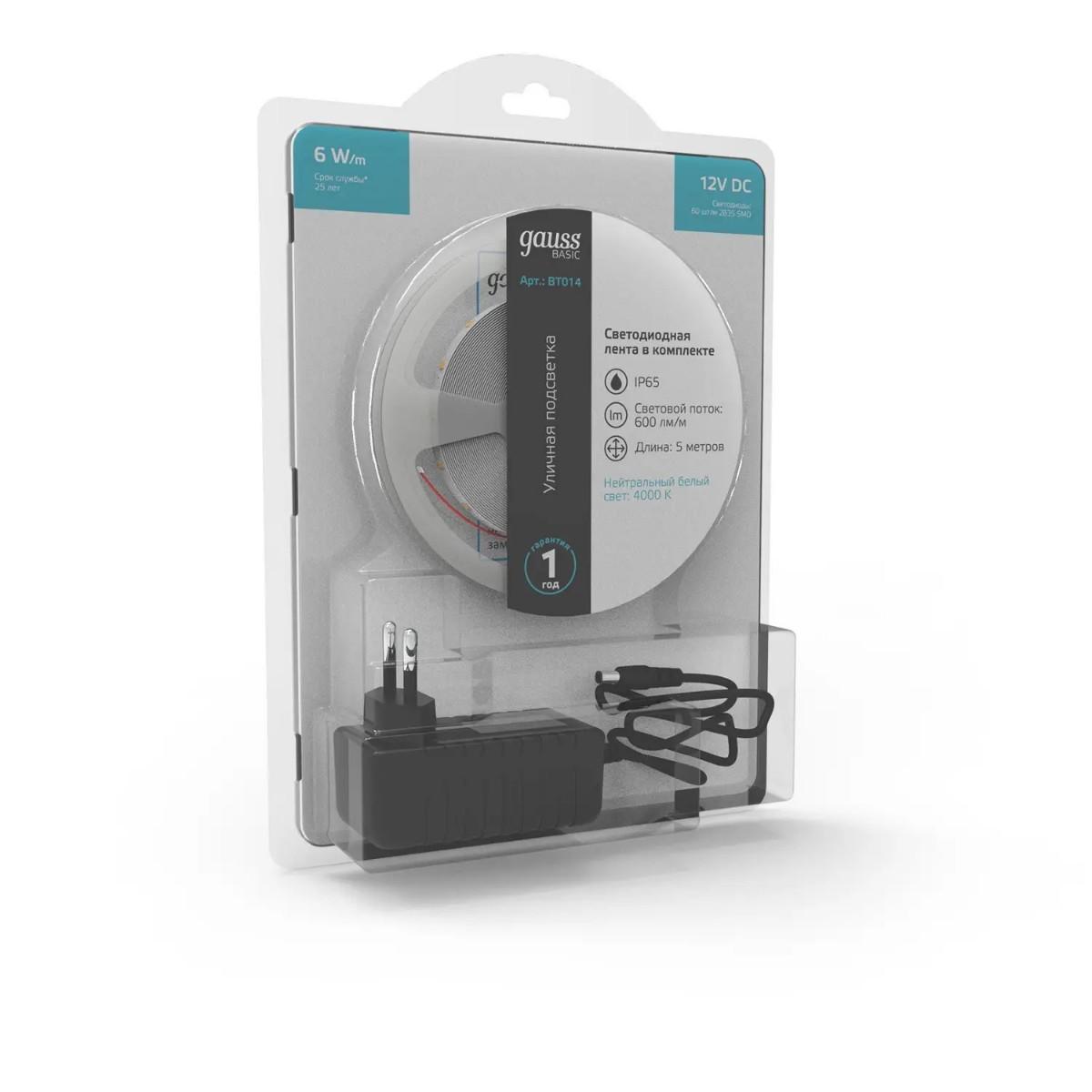 фото лента gauss 6w/m 60led/m 2835smd нейтральный белый 5m bt014 | 220svet.ru