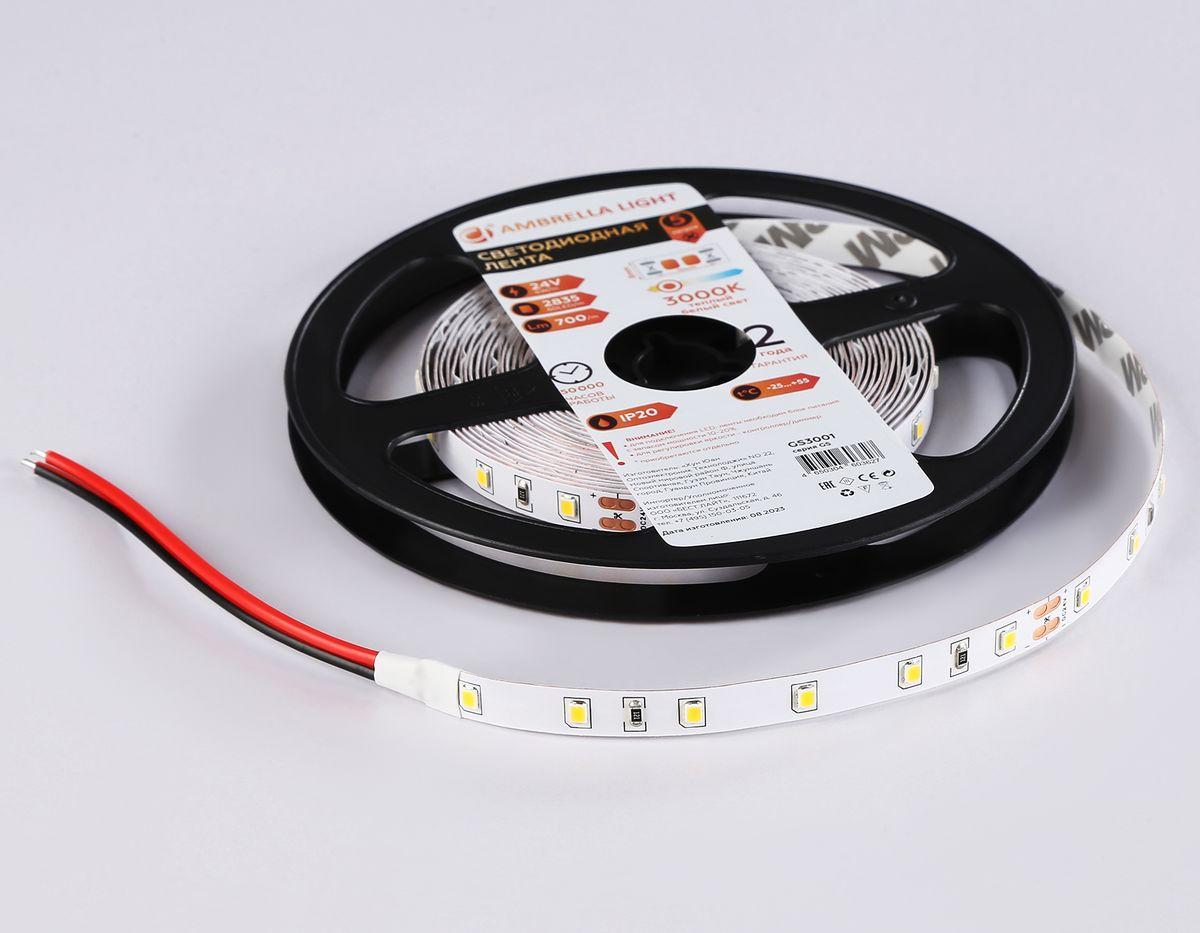 фото светодиодная лента теплый белый ambrella light 6w/m 60led/m 2835smd 3000к 5m gs3001 | 220svet.ru