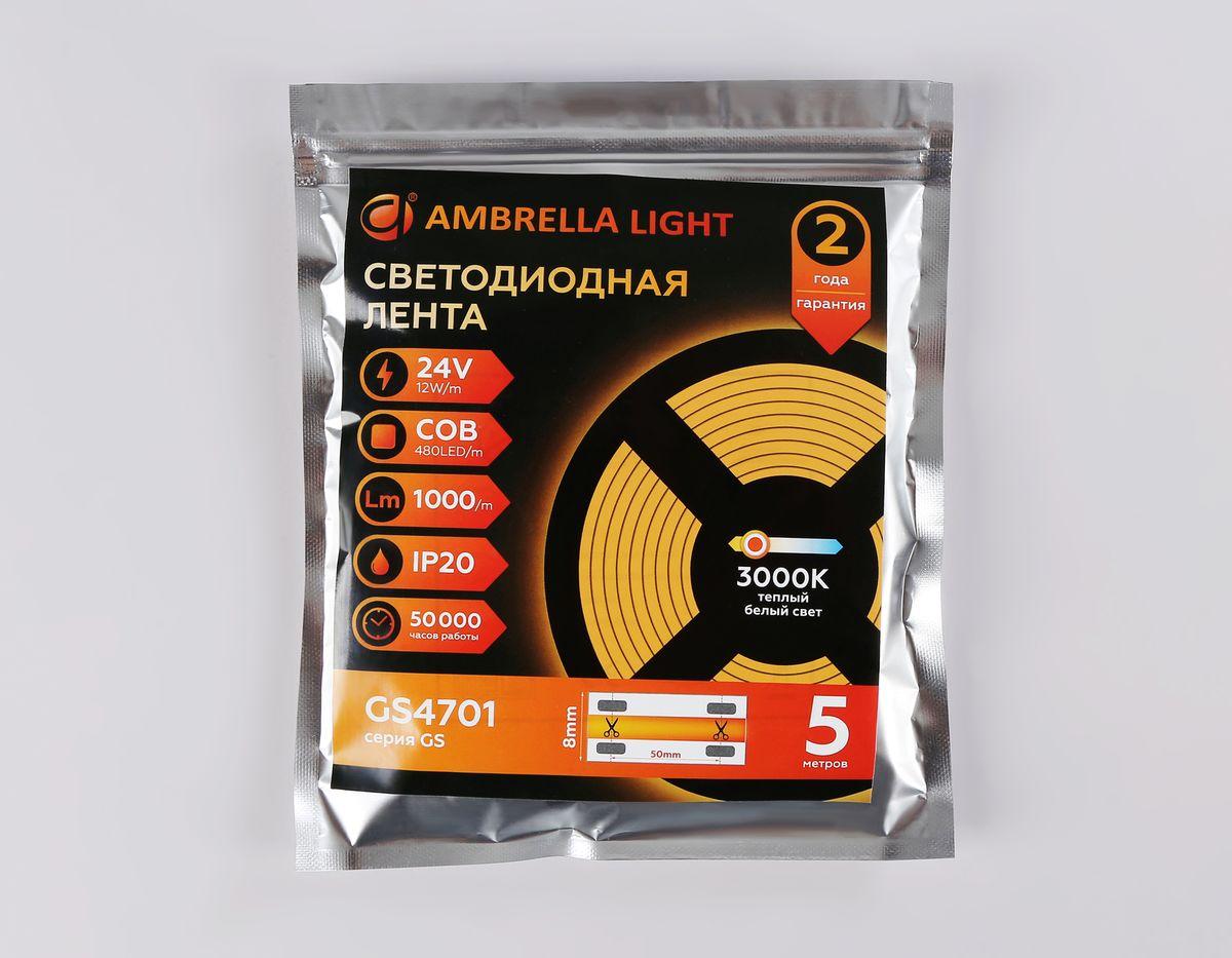 фото светодиодная лента ambrella light 12w/m 480led/m cob теплый белый 5m gs4701 | 220svet.ru