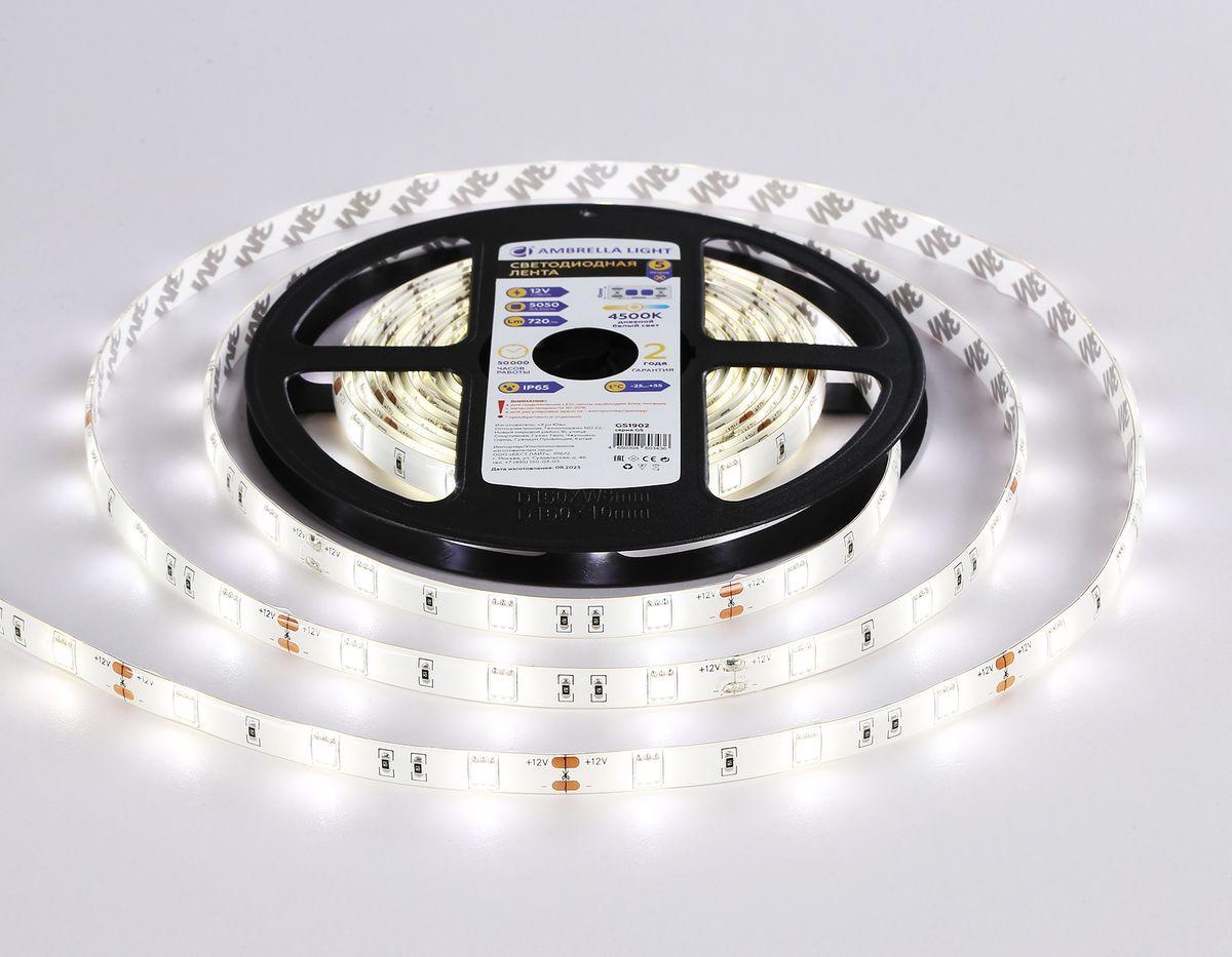 фото светодиодная влагозащищенная лента дневной белый ambrella light 7,2w/m 30led/m 5050smd 4500к 5m gs1902 | 220svet.ru