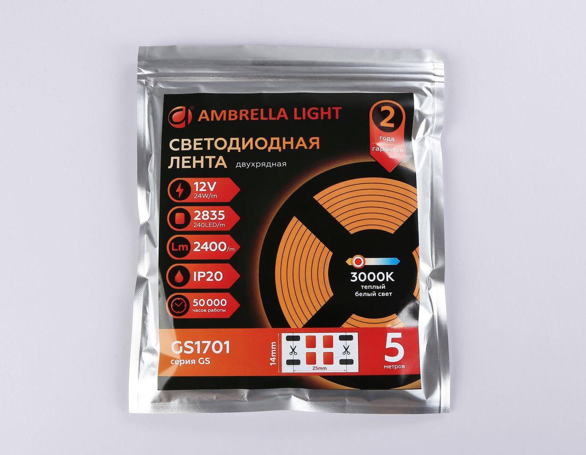 фото светодиодная лента теплый белый ambrella light 24w/m 240led/m 2835smd 3000к 5m gs1701 | 220svet.ru