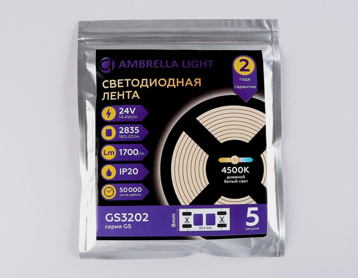 фото светодиодная лента дневной белый ambrella light 14,4w/m 180led/m 2835smd 4500к 5m gs3202 | 220svet.ru