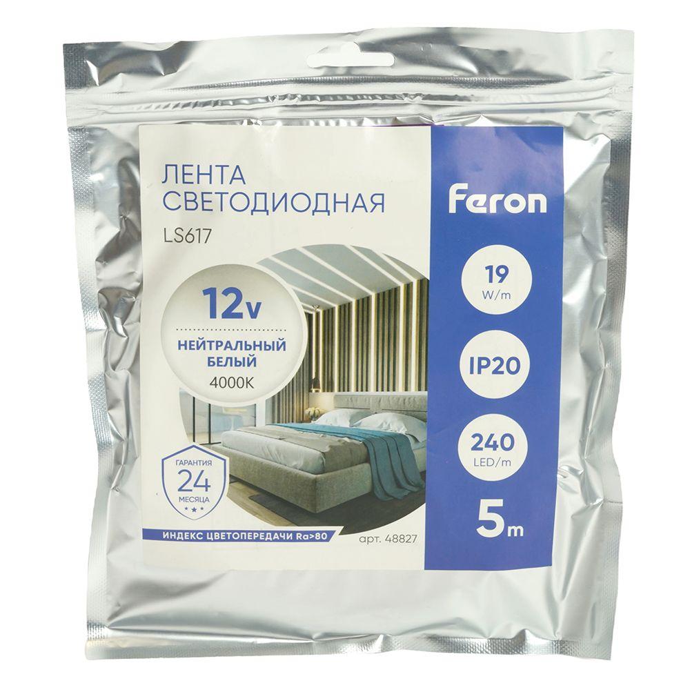 фото светодиодная лента feron 19w/m 240led/m 2835smd дневной белый 5м ls617 48827 | 220svet.ru
