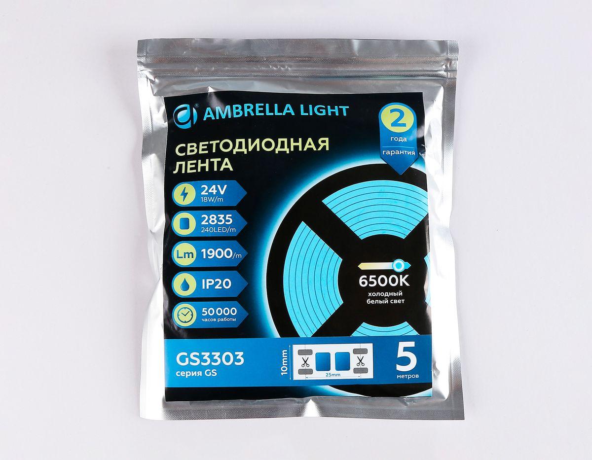 фото светодиодная лента холодный белый ambrella light 18w/m 240led/m 2835smd 6500к 5m gs3303 | 220svet.ru