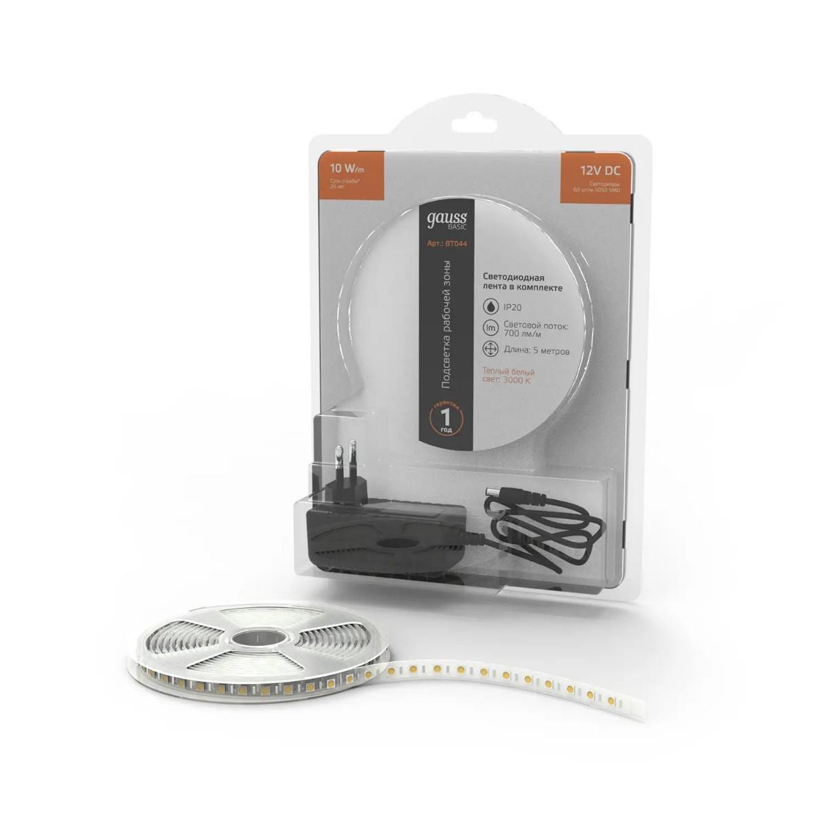 фото лента gauss 10w/m 60led/m 5050smd теплый белый 5m bt044 | 220svet.ru