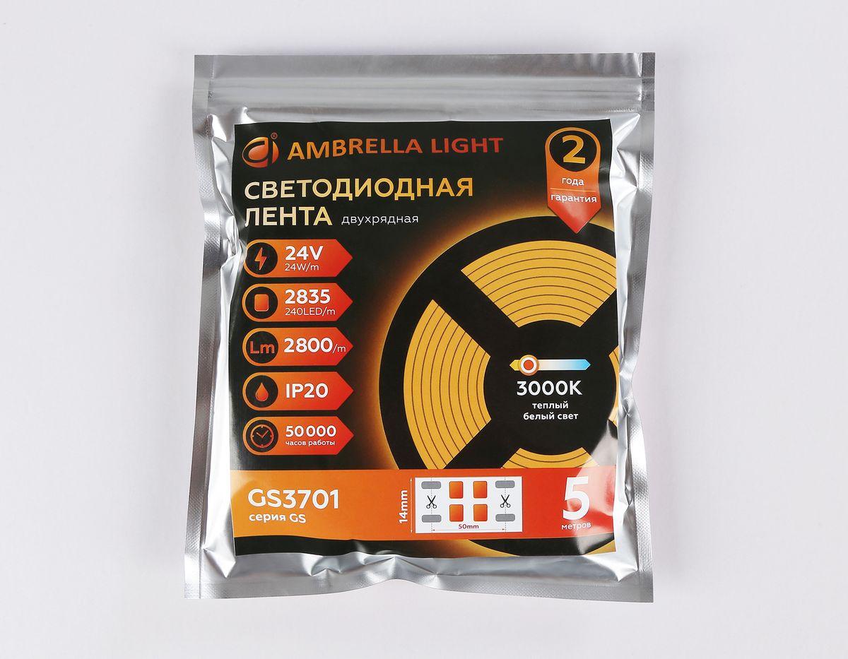 фото светодиодная лента теплый белый ambrella light 24w/m 240led/m 2835smd 3000к 5m gs3701 | 220svet.ru