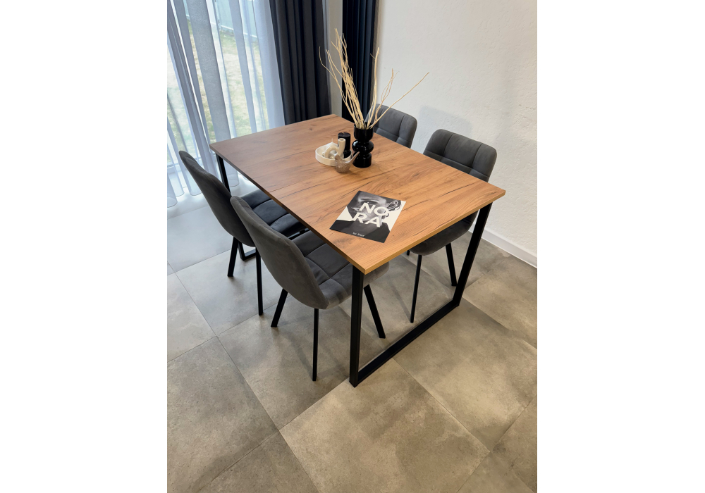 фото стол деревянный раскладной woodville лиман дуб крафт золотой / черный матовый 619210 | 220svet.ru