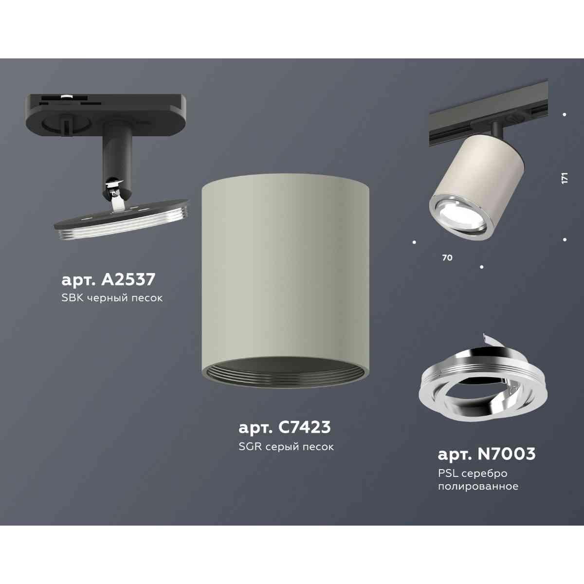 фото комплект трекового светильника ambrella light xt7423001 sgr/psl/sbk серый песок/серебро полированное/черный песок (a2537, c7423, n7003) | 220svet.ru