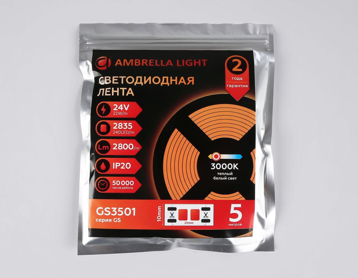 фото светодиодная лента теплый белый ambrella light 22w/m 240led/m 2835smd 3000к 5m gs3501 | 220svet.ru