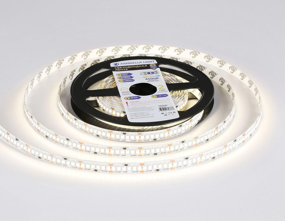 фото светодиодная лента дневной белый ambrella light 22w/m 240led/m 2835smd 4500к 5m gs3502 | 220svet.ru