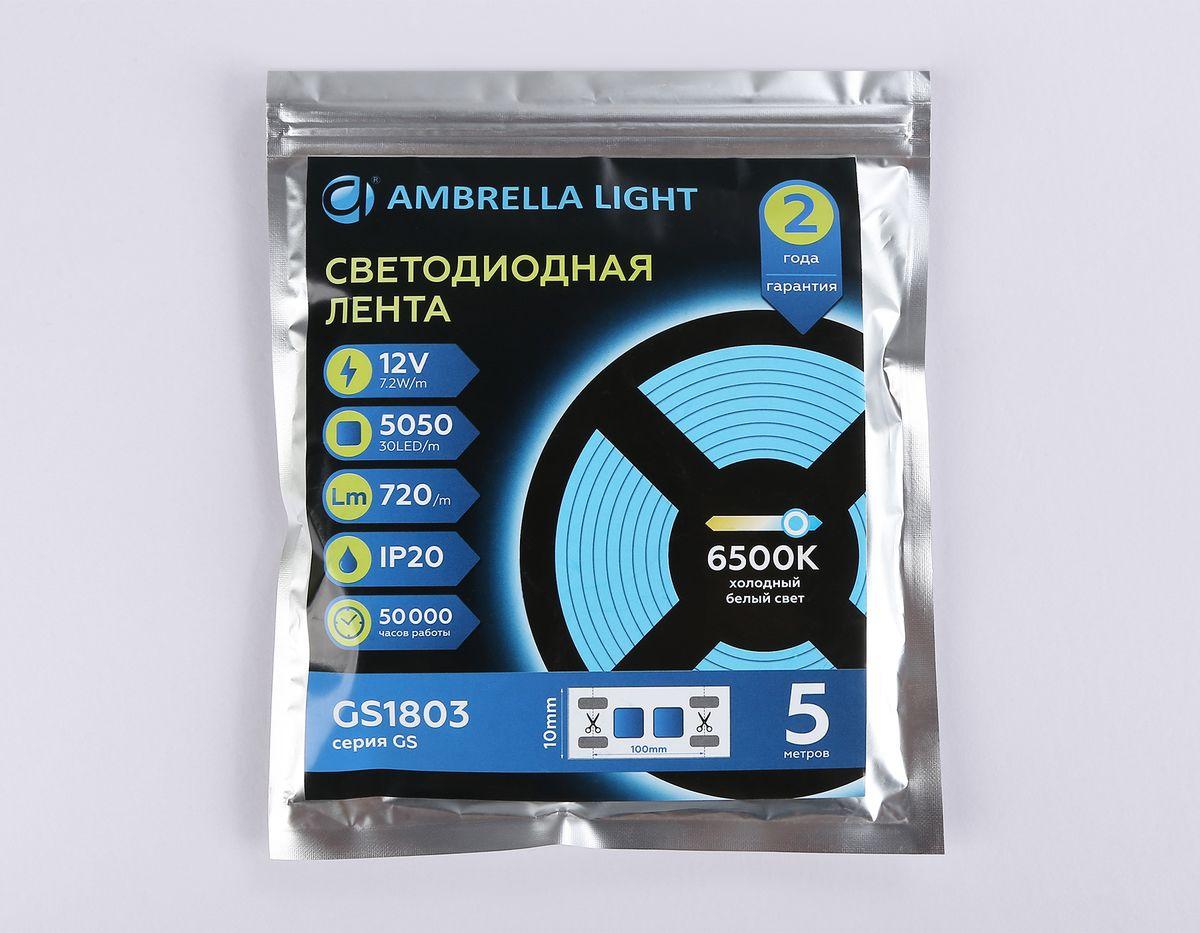 фото светодиодная лента холодный белый ambrella light 7,2w/m 30led/m 5050smd 6500к 5m gs1803 | 220svet.ru