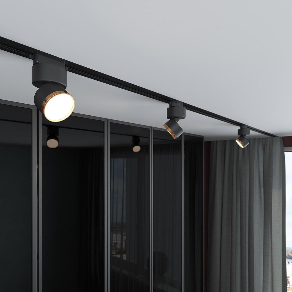 фото трековый однофазный светодиодный светильник elektrostandard 85514/01 черный матовый/золото a062873 | 220svet.ru