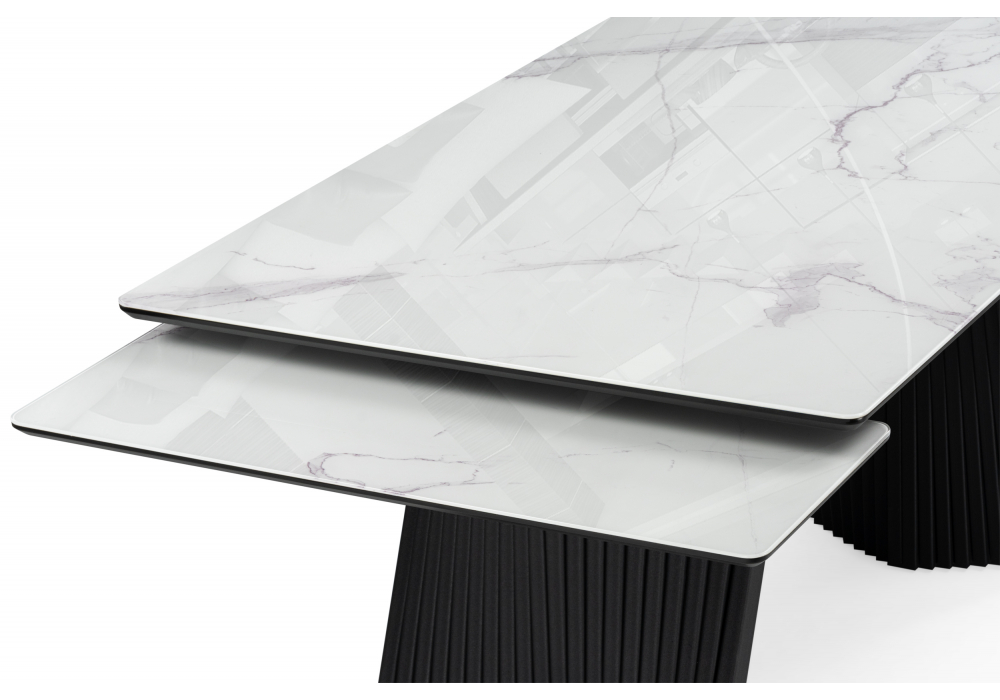фото стол стеклянный раскладной 140(200)х80 woodville вейв кристл белый мрамор / черный 625993 | 220svet.ru