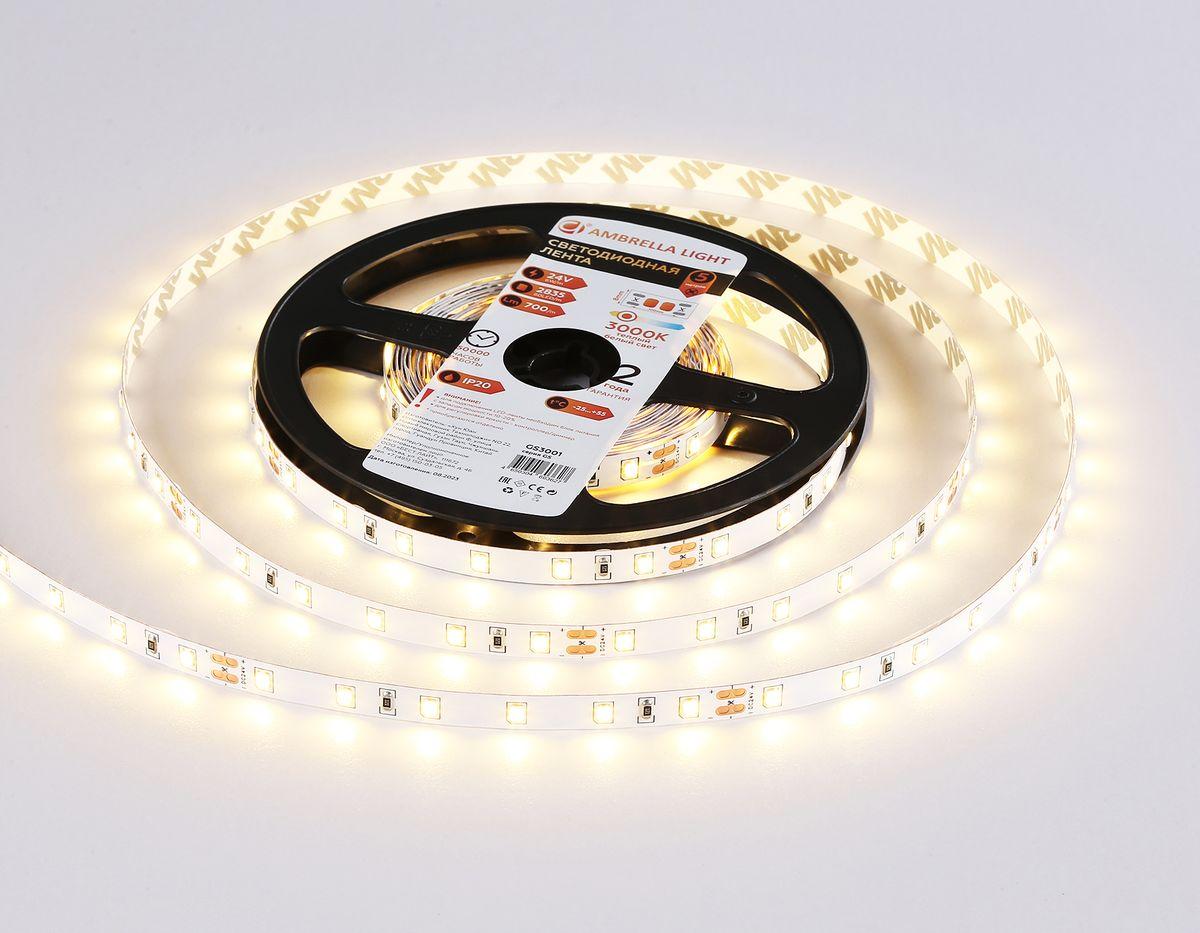 фото светодиодная лента теплый белый ambrella light 6w/m 60led/m 2835smd 3000к 5m gs3001 | 220svet.ru