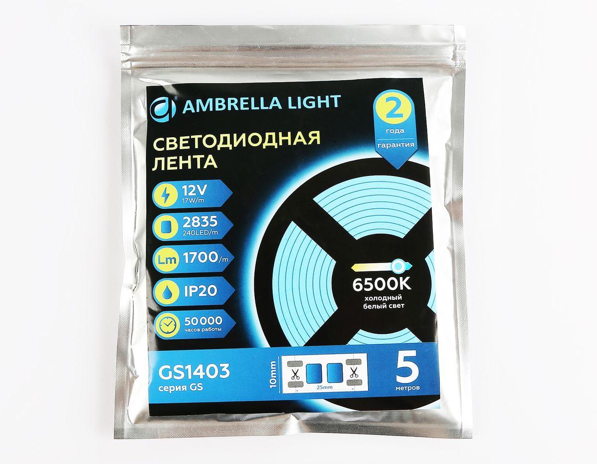фото светодиодная лента холодный белый ambrella light 17w/m 240led/m 2835smd 6500к 5m gs1403 | 220svet.ru