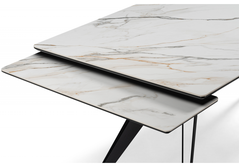 фото керамический стол раскладной 160(220)х89 woodville дарвин белый с прожилками gilt white / черный 625989 | 220svet.ru