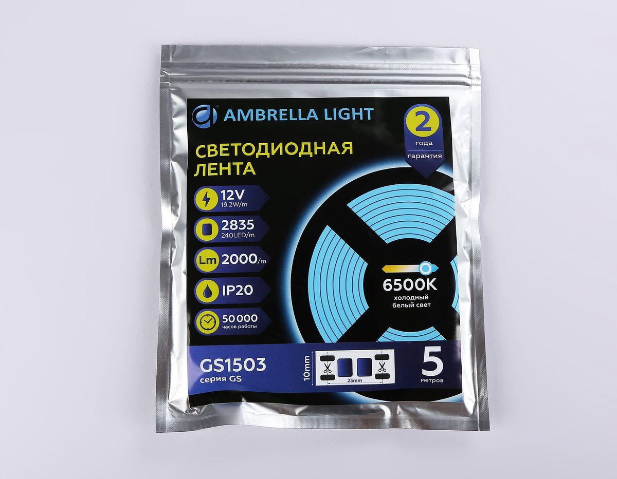 фото светодиодная лента холодный белый ambrella light 19,2w/m 240led/m 2835smd 6500к 5m gs1503 | 220svet.ru