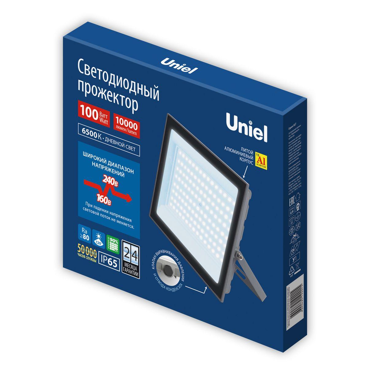 фото прожектор светодиодный uniel ulf-f23-100w/6500k ip65 160-240v grey ul-00011848 | 220svet.ru