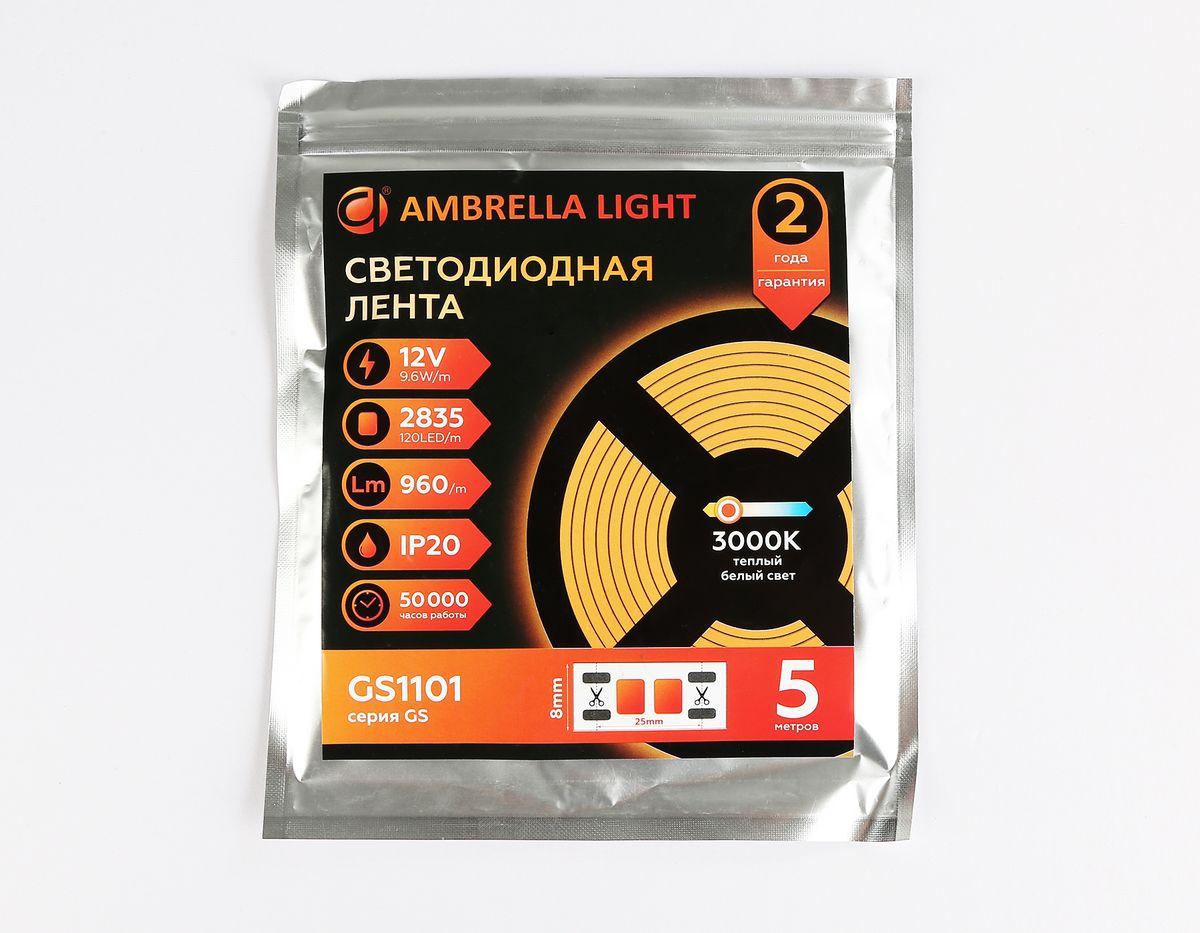 фото светодиодная лента ambrella light 9,6w/m 120led/m 2835smd теплый белый 5m gs1101 | 220svet.ru