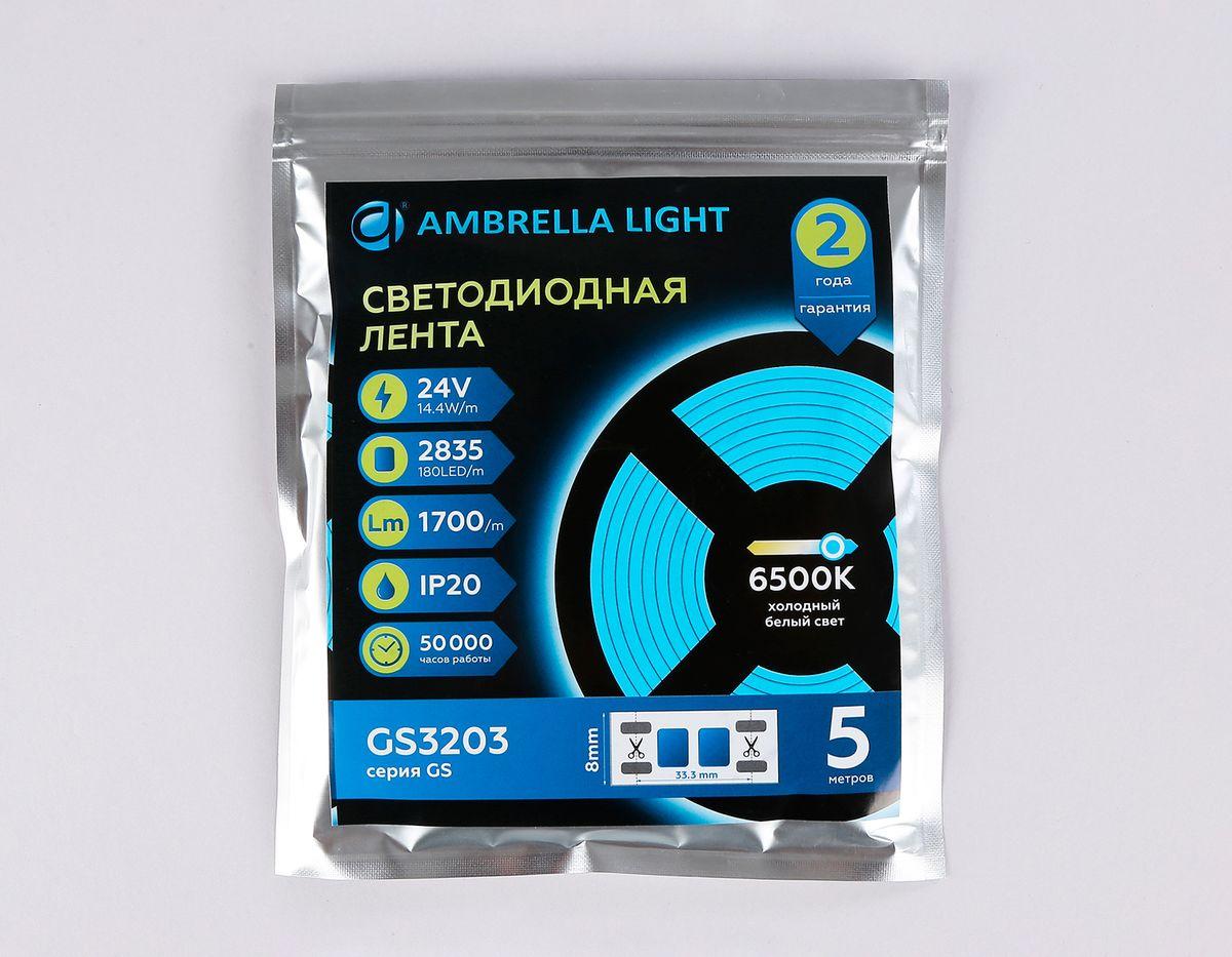 фото светодиодная лента холодный белый ambrella light 14,4w/m 180led/m 2835smd 6500к 5m gs3203 | 220svet.ru