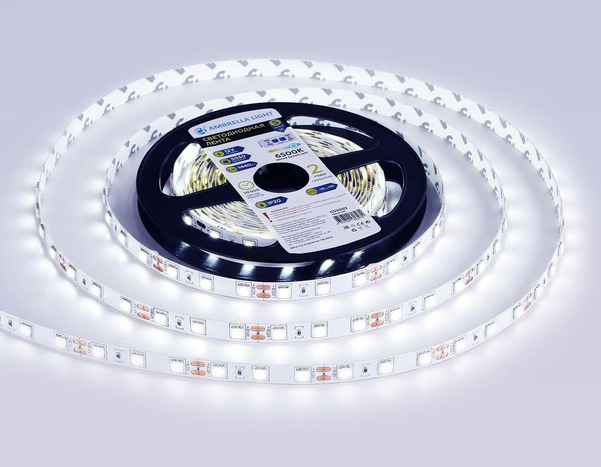 фото светодиодная лента холодный белый ambrella light 14,4w/m 60led/m 5050smd 6500к 5m gs2003 | 220svet.ru