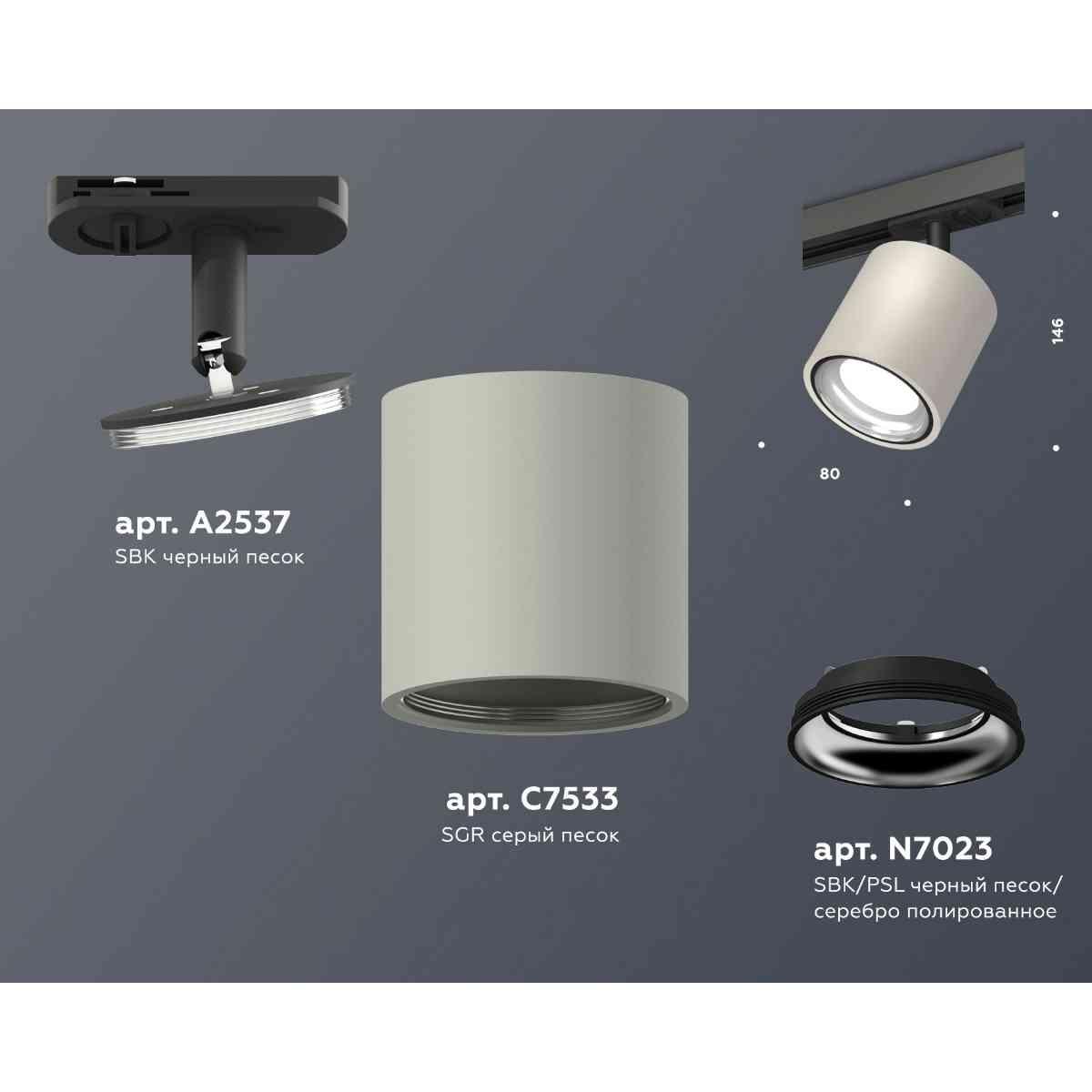 фото комплект трекового светильника ambrella light track system xt7533010 sgr/psl/sbk серый песок/серебро полированное/черный песок (a2537, c7533, n7023) | 220svet.ru