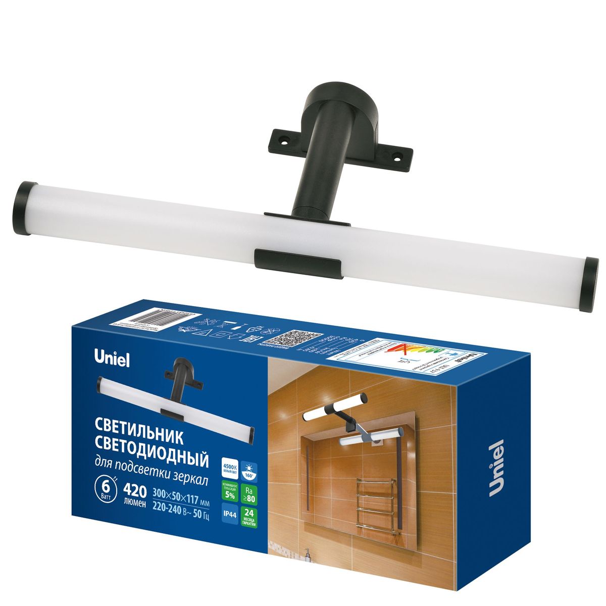 фото подсветка для зеркал uniel ult-f37-6w/4500k ip44 black ul-00012516 | 220svet.ru
