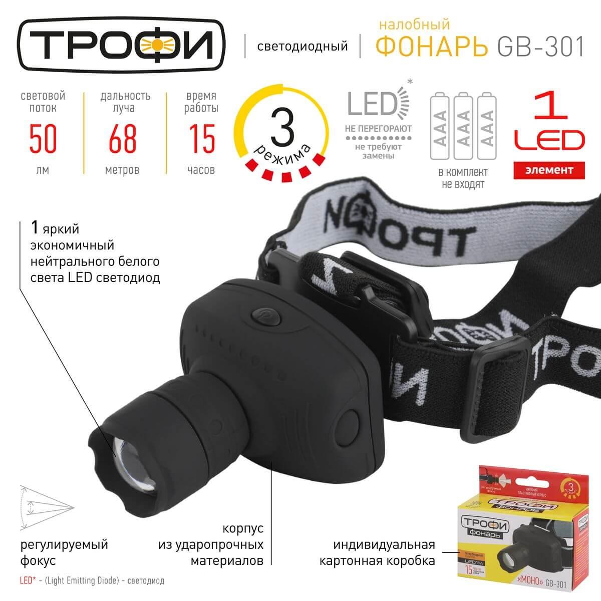 фото налобный светодиодный фонарь эра от батареек 50 лм gb-301 б0030187 | 220svet.ru