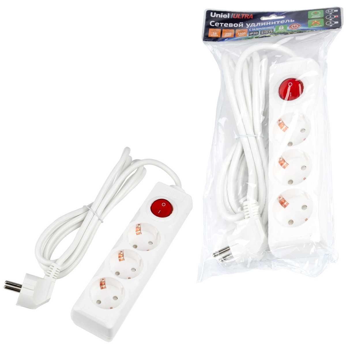 фото удлинитель uniel ultra 3гн х 2м с/з s-gcu3-2b white ul-00010015 | 220svet.ru